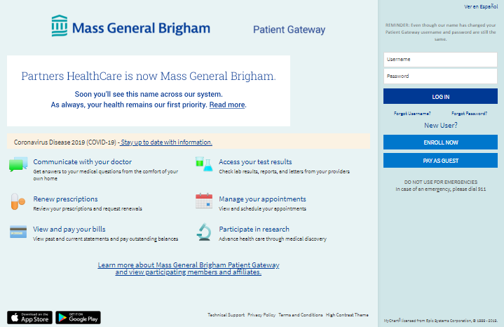 Screen shot of Patient Gateway Login page